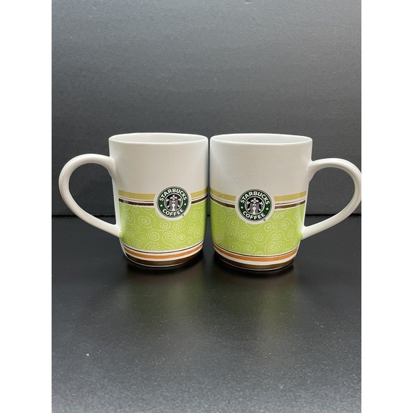2 Starbucks Cups/ Mugs Mermaid Logo 2008 Green White Brown Orange Stripes - Picture 1 of 4